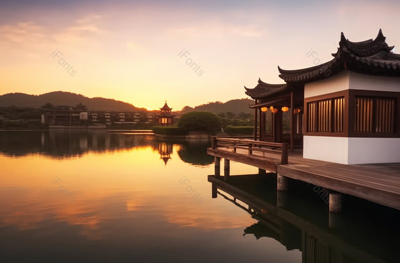 黄昏映射水面古建筑风景摄影图,高清,摄影图,摄影图片,图片大全,摄影图免费下载